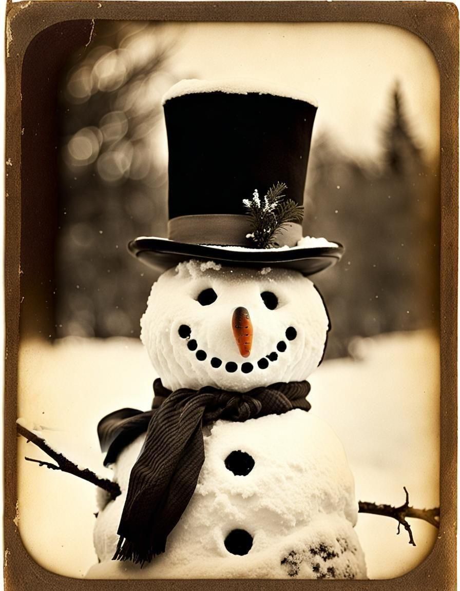 Nostalgic Vintage Snowman in Snowy Yard