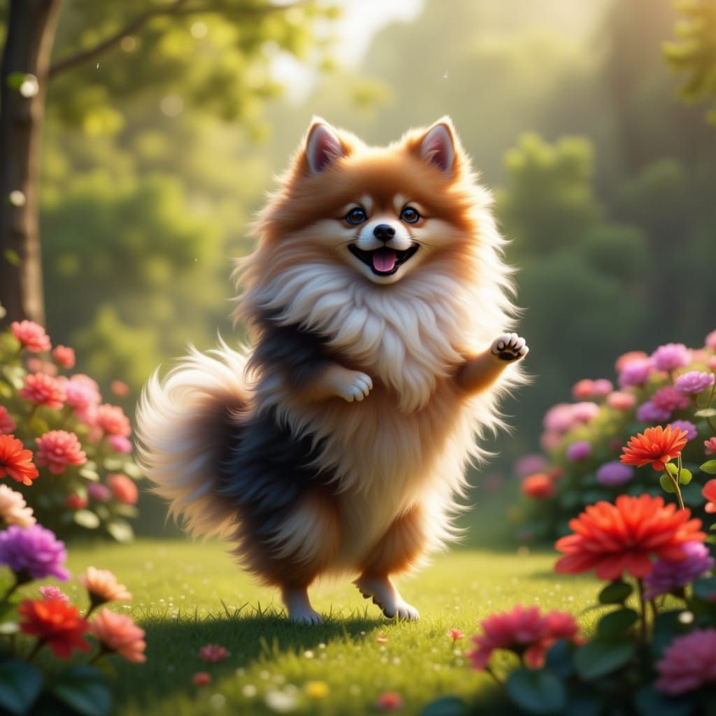 Dancing Pomeranian in Lush Garden, Hyperrealistic Style