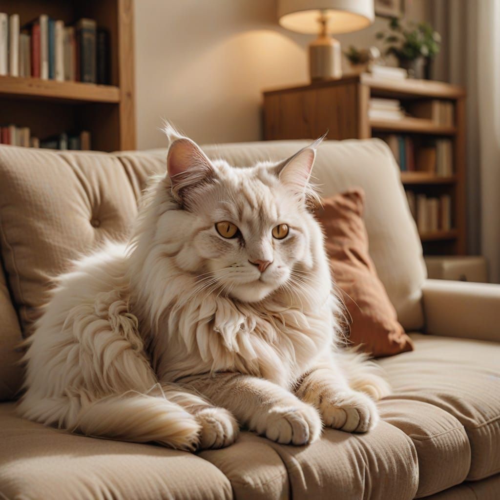 Angora Cat Napping on Sofa in Cozy Cream Room