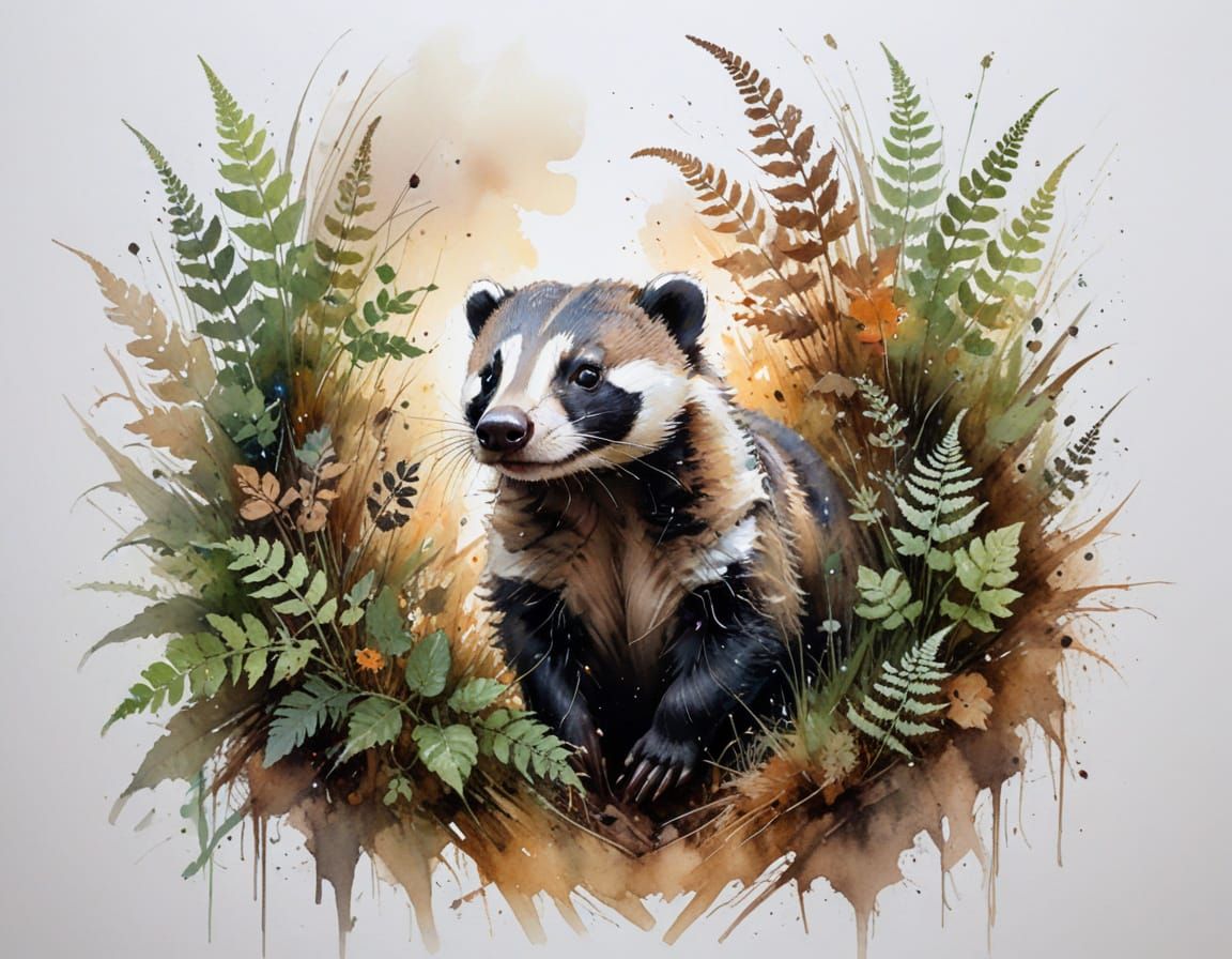 European Badger Emerges from Forest Burrow at Dusk