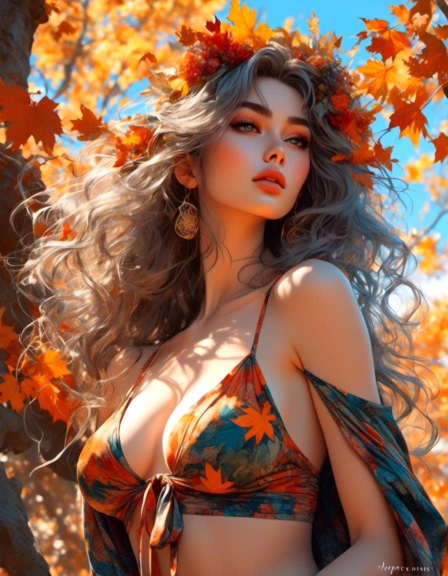 Curvy Anime Babe in Leaf Bikini Color Sketch