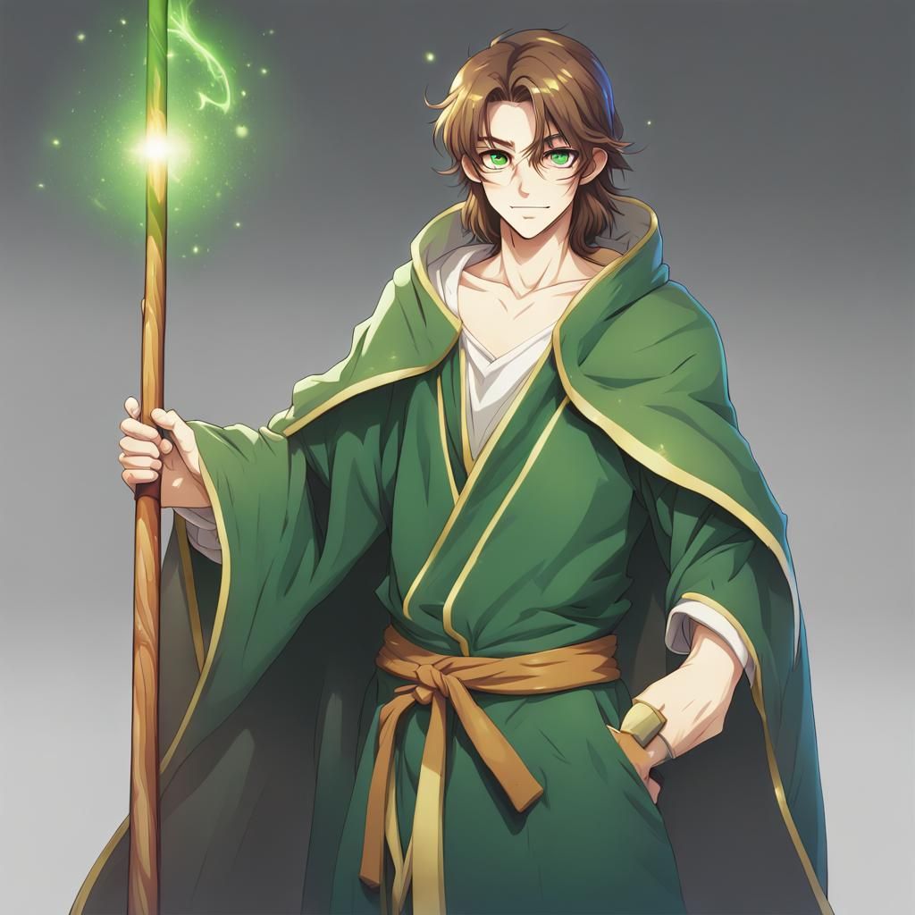 Anime Wizard with Staff in Green and Gold