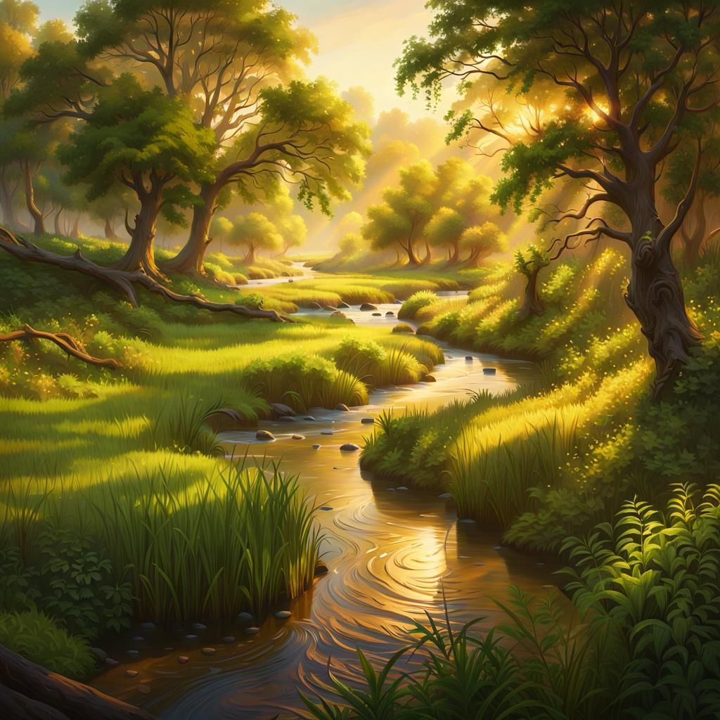 Green Countryside Creek in Golden Light