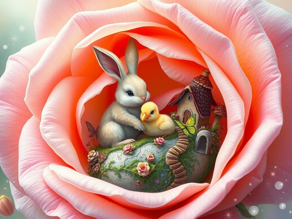 Bunny and Chick Decorate Easter Egg in Giant Rose