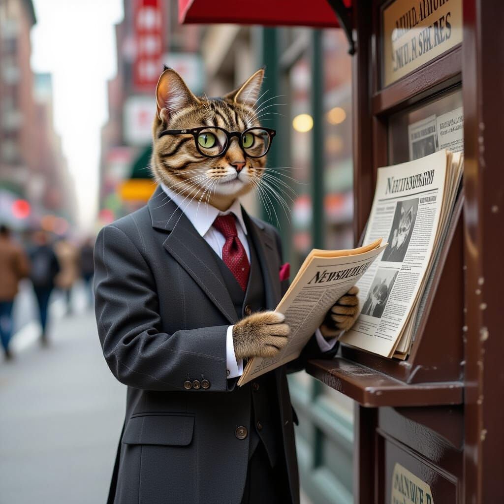 Cat Runs Newspaper Stand in Vintage Illustration Style