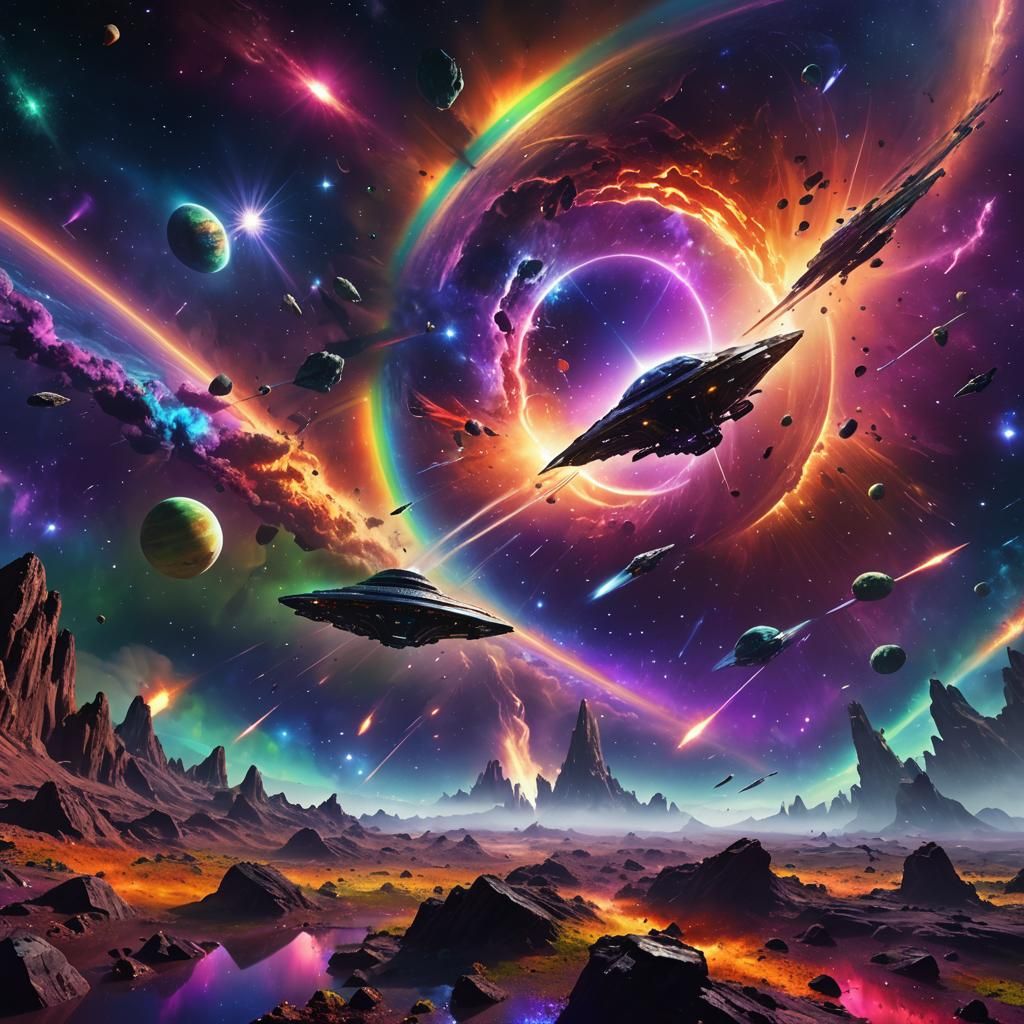 Spaceship Soaring Through Rainbow Space Landscape