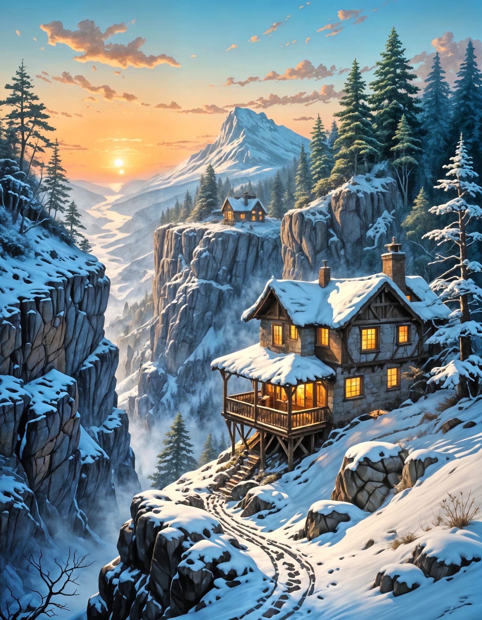 Snow-Dusted Cliffside Hut in Ethereal Sunset Glow