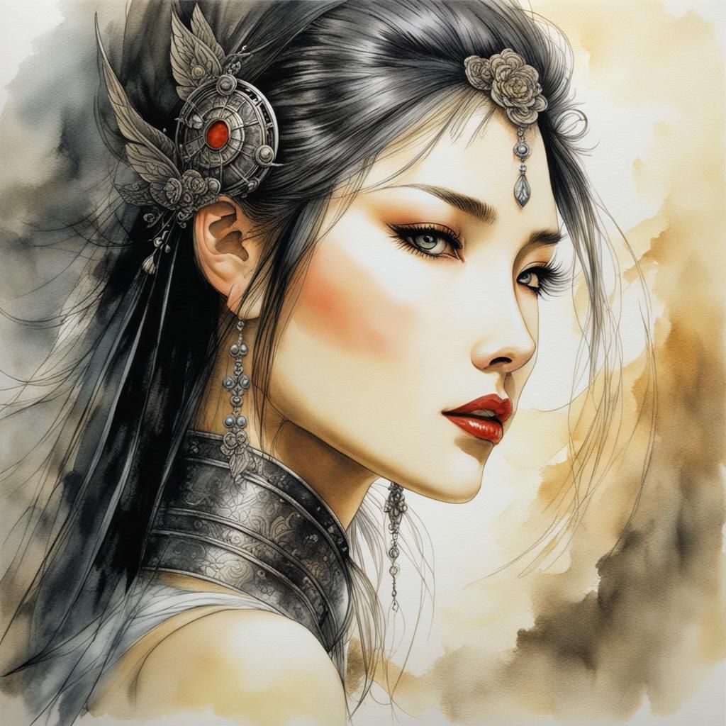 Fantasy Woman Portrait with Watercolor Background
