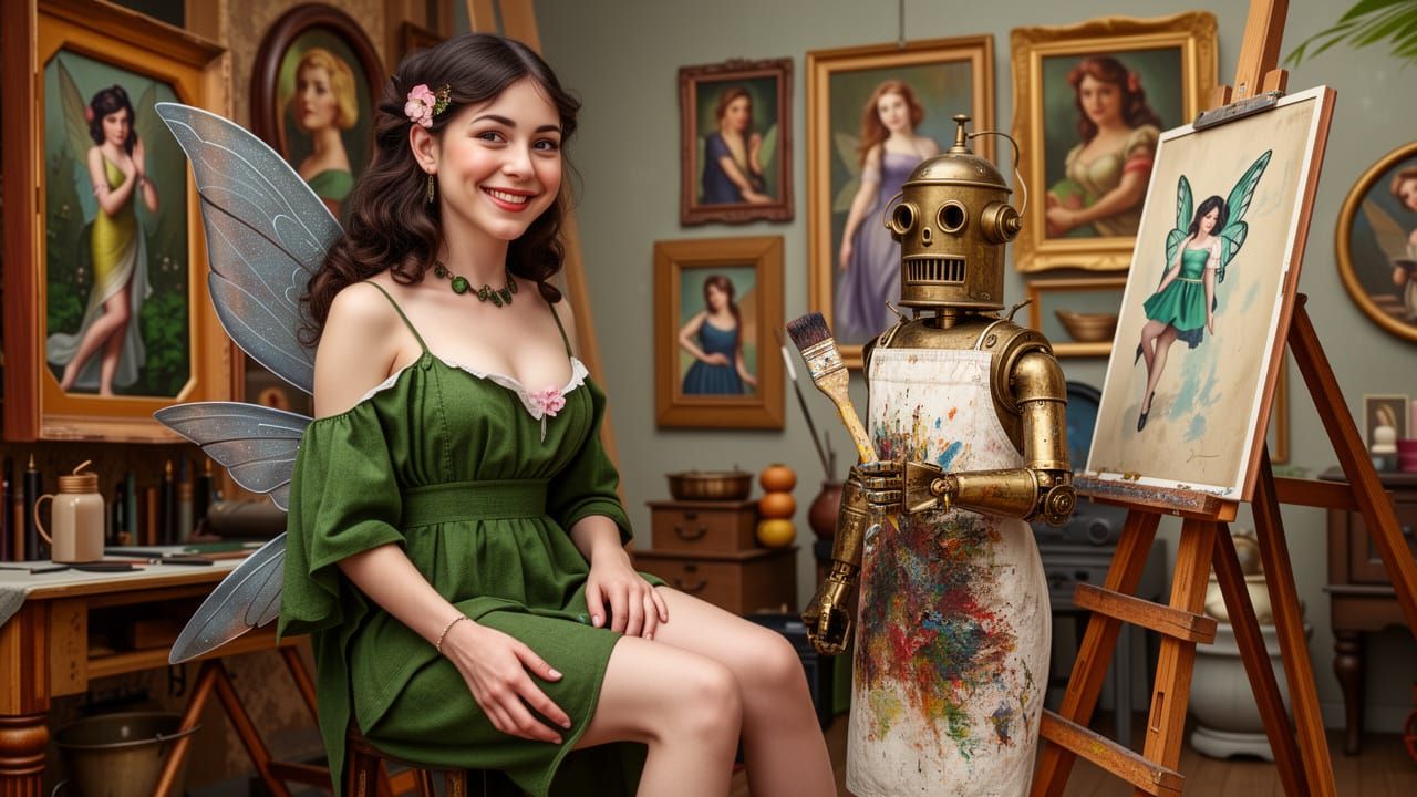 Fairy Artist and Robot Assistant in Victorian Studio