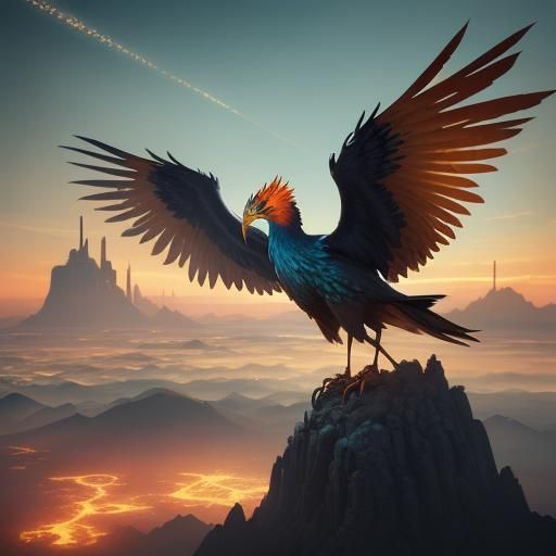 Futuristic Cityscape with Phoenix in the Sky