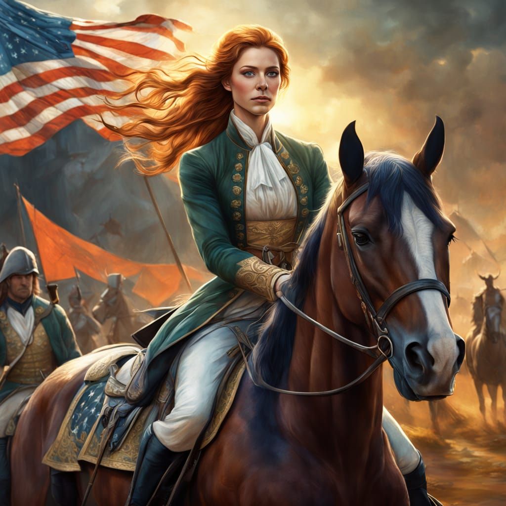 Colonial American Woman Rides Horse, Fantasy Art