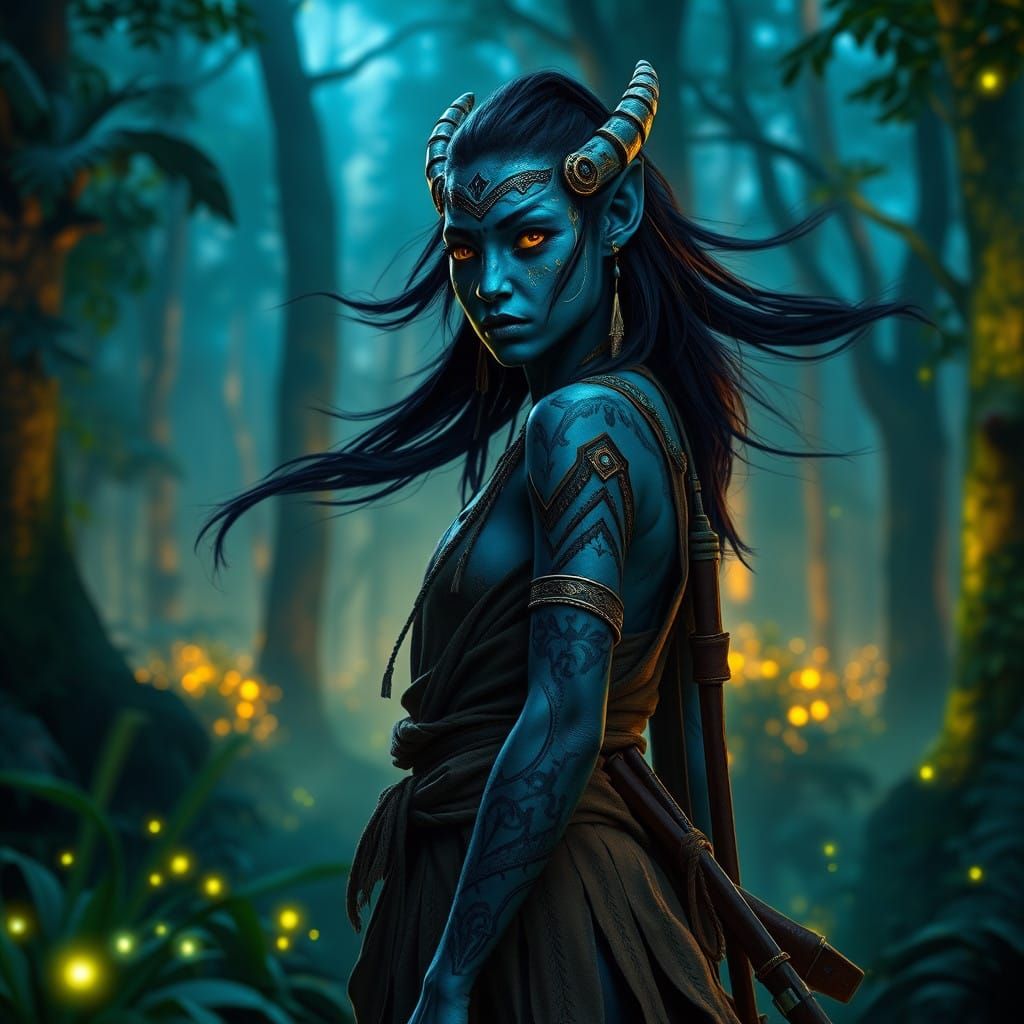 Na'vi Huntress in a Bioluminescent Forest, Photorealistic Po...