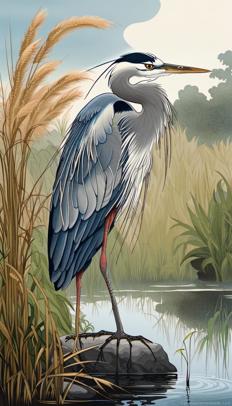 Great Blue Heron in Pond: Ukiyo-e Photoillustration