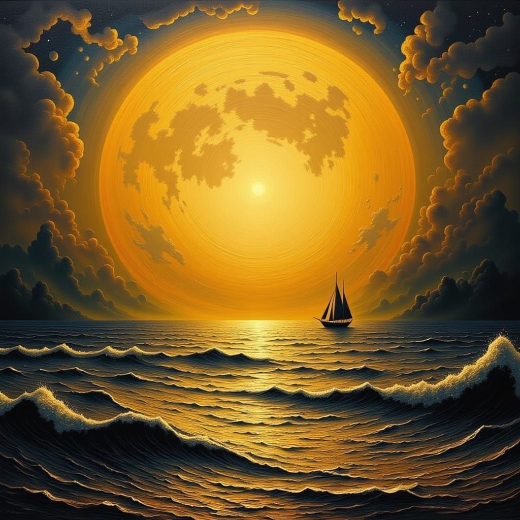 Golden Seascape Under a Golden Moon