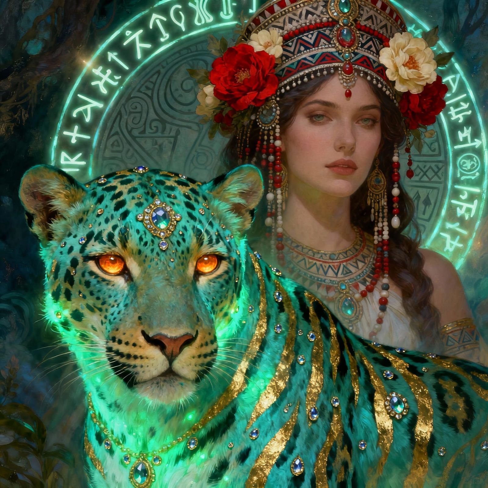 A stunning fashion illustration of a majestic jeweled leopard with turquoise-gold markings and glowing amber eyes. Behin...