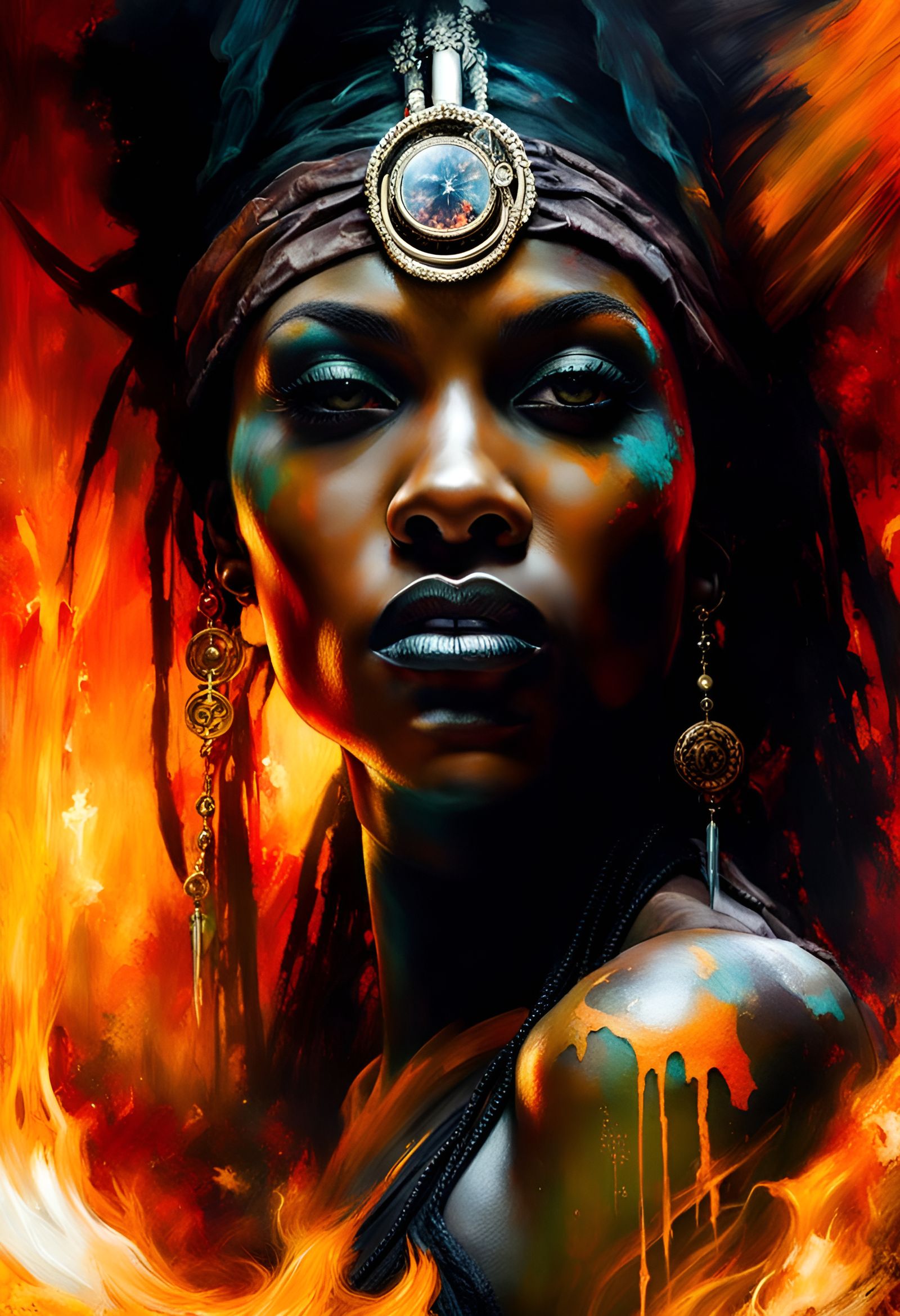 Voodoo Witch Portrait with Fire Tattoos, Digital Art