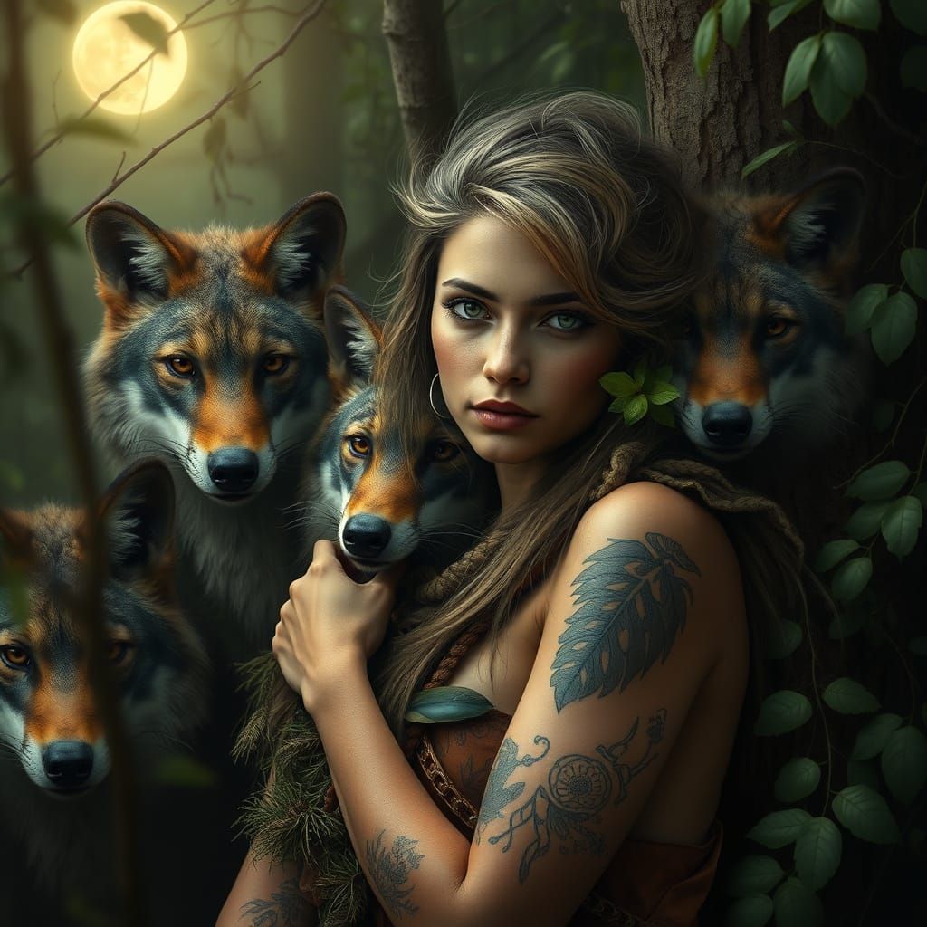 Wild Woman Emerges from Dense Forest, Surrounded by Wolves w...