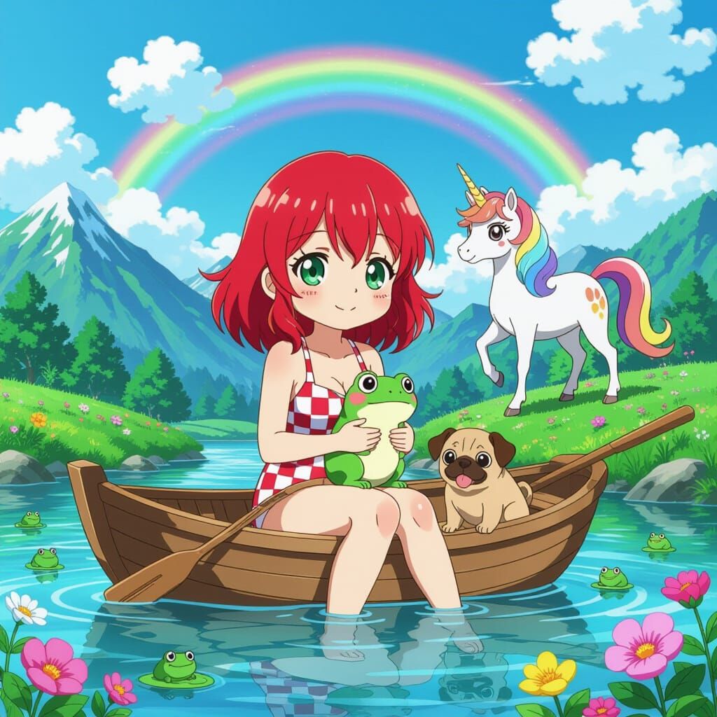 Anime Woman with Crimson Hair and Frog in a Boat