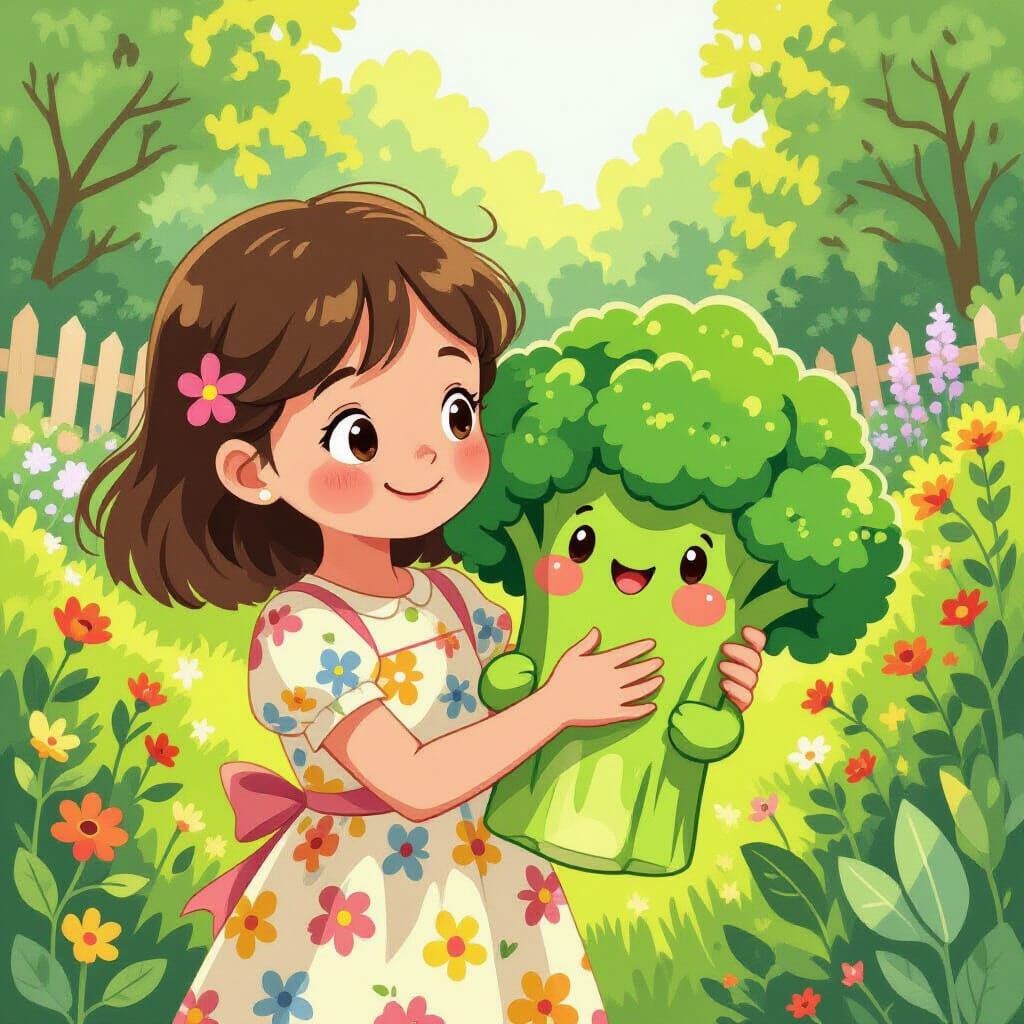 Girl Protects Smiling Broccoli in Whimsical Garden