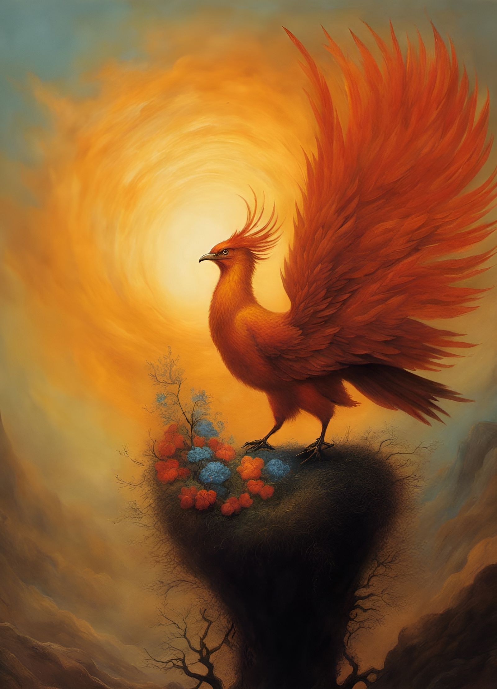 Phoenix sitting at the rim of its nest