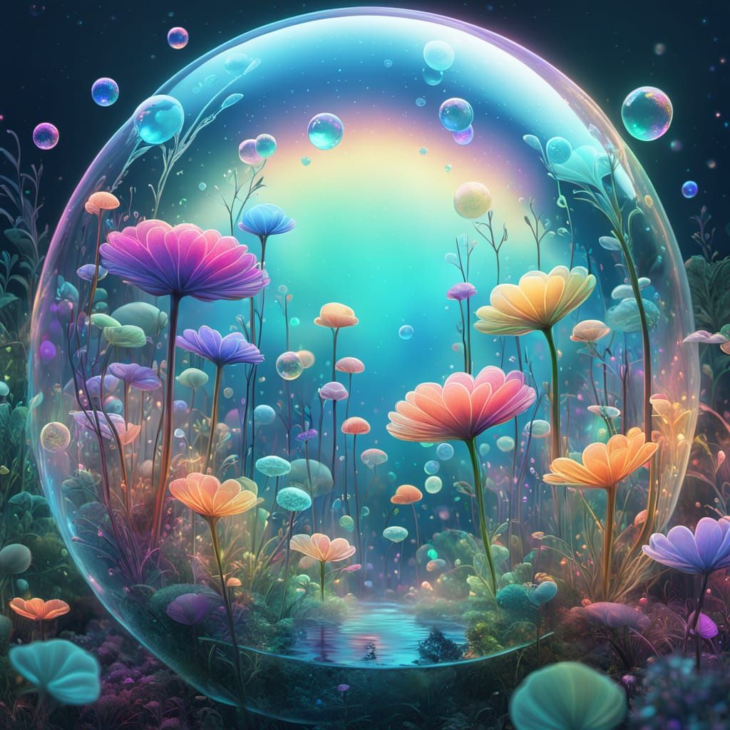Ecosystem in Rainbow Bubble: Vibrant Digital Art