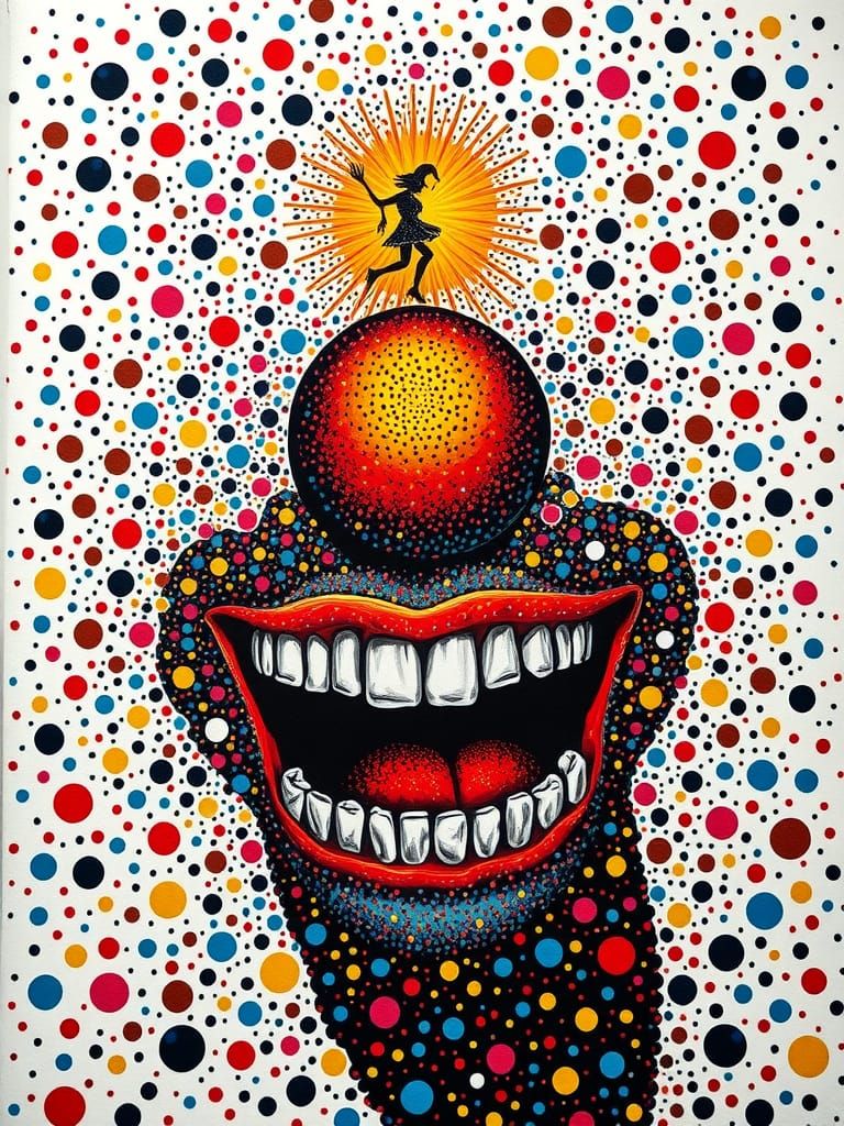 Pointillist Jester Dancing in Dispersing Mouth