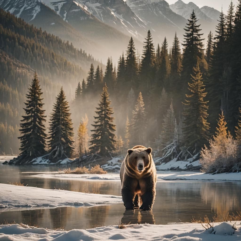 Majestic Grizzly Bear in Snowy Canadian Rockies Landscape