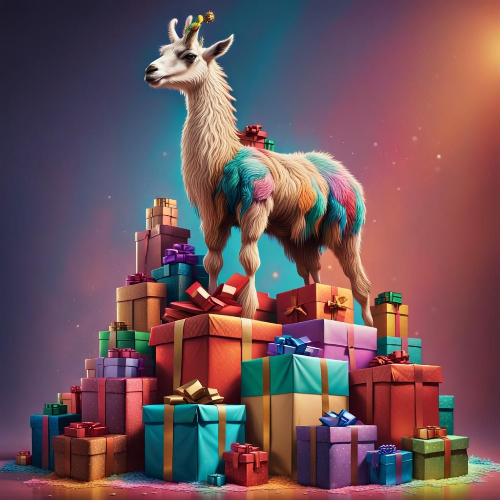 Hyperrealistic Llama Guarding a Pile of Presents