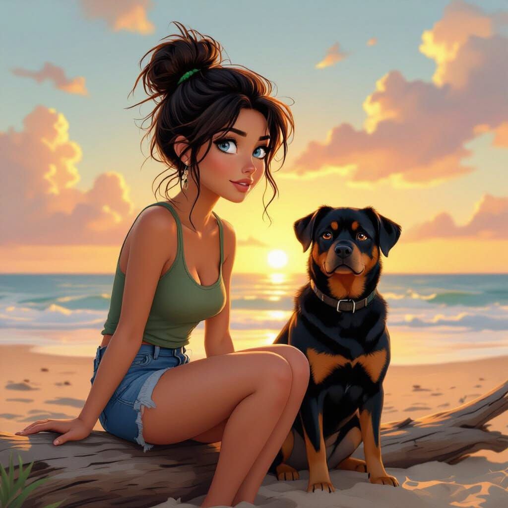 Woman and Dog on Beach in Disney Pixar Style