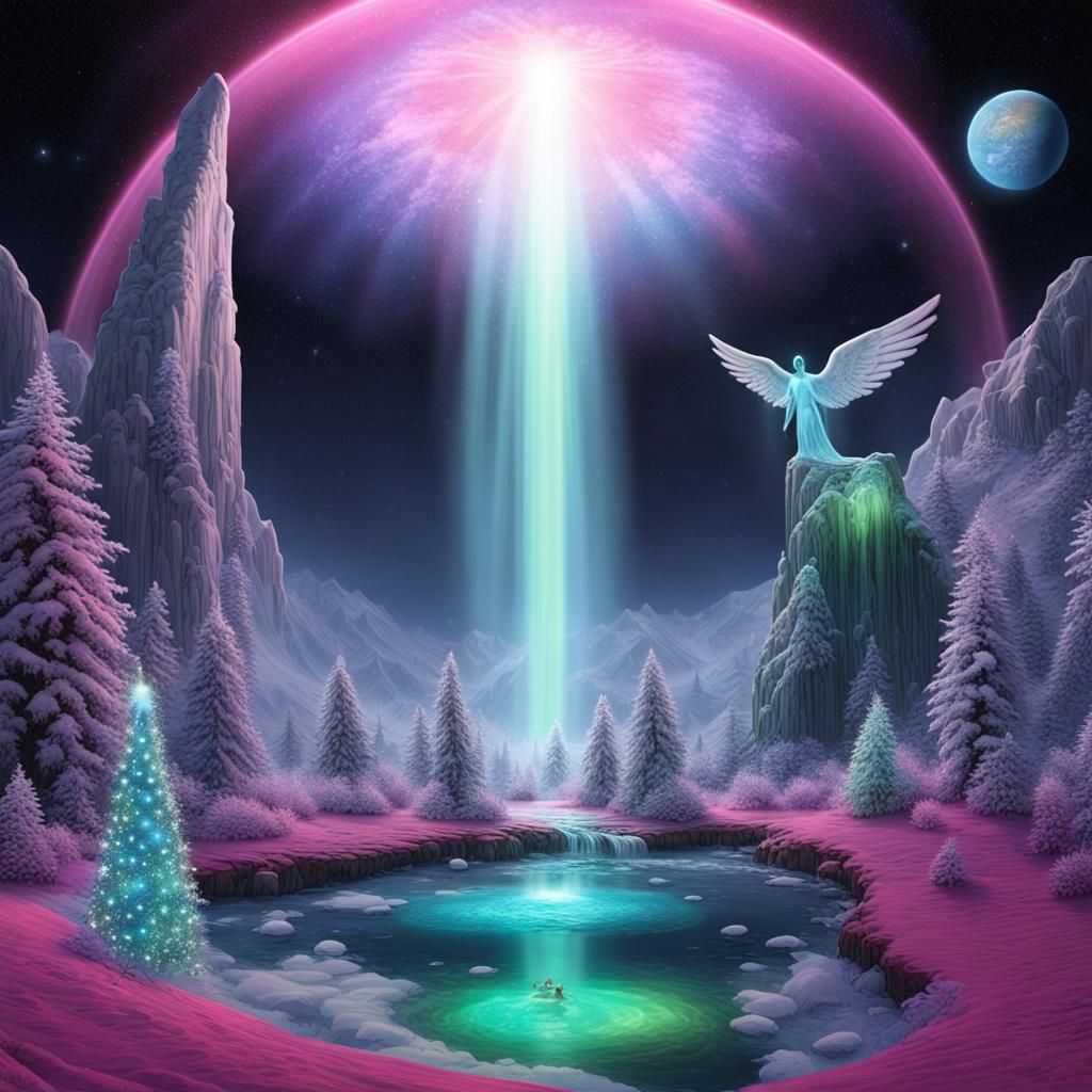 Christmas Planetarium Utopia with Rainbow Waterfall