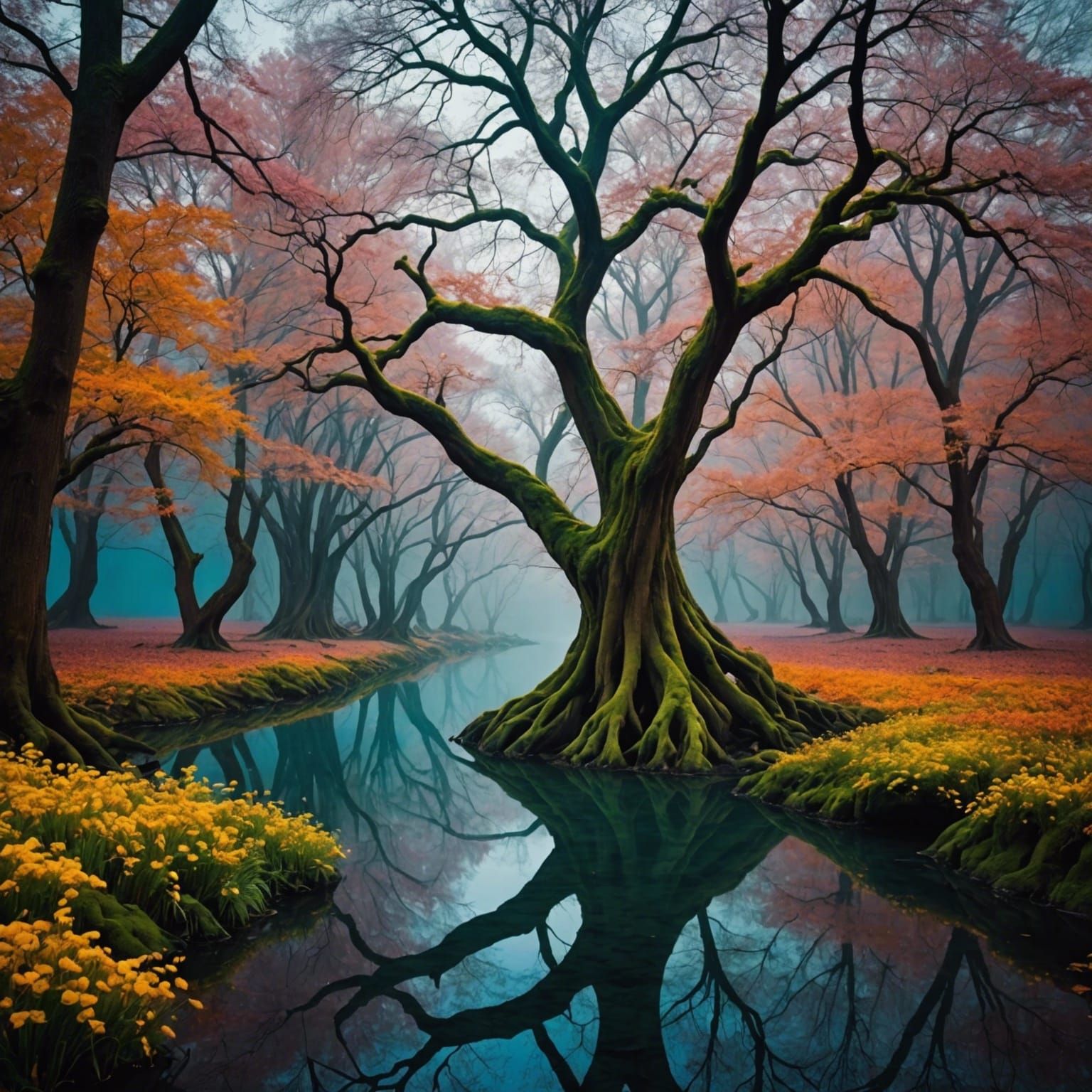 Surreal Landscape with Gravity-Defying Trees