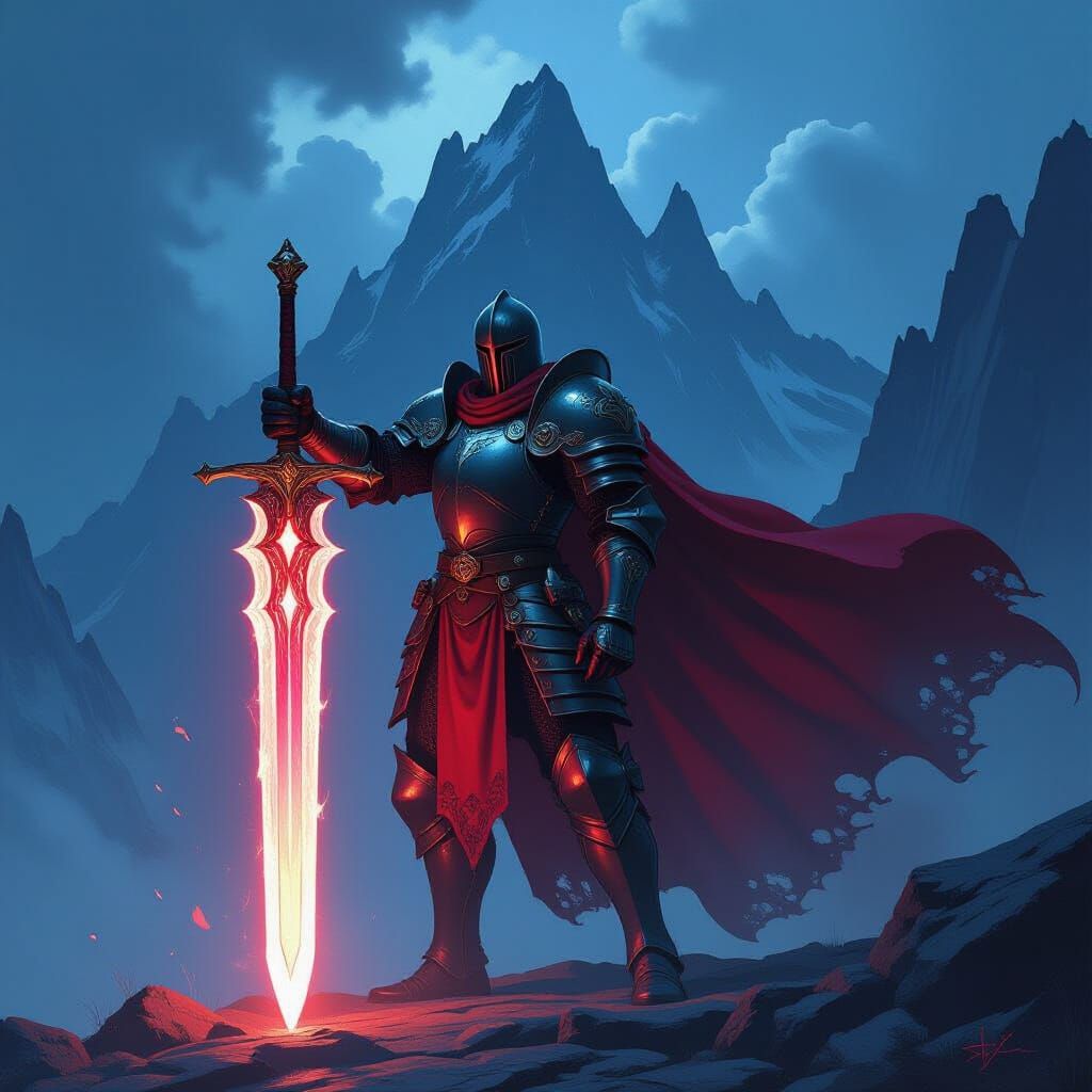 Epic Knight with Glowing Sword on Stormy Peak
