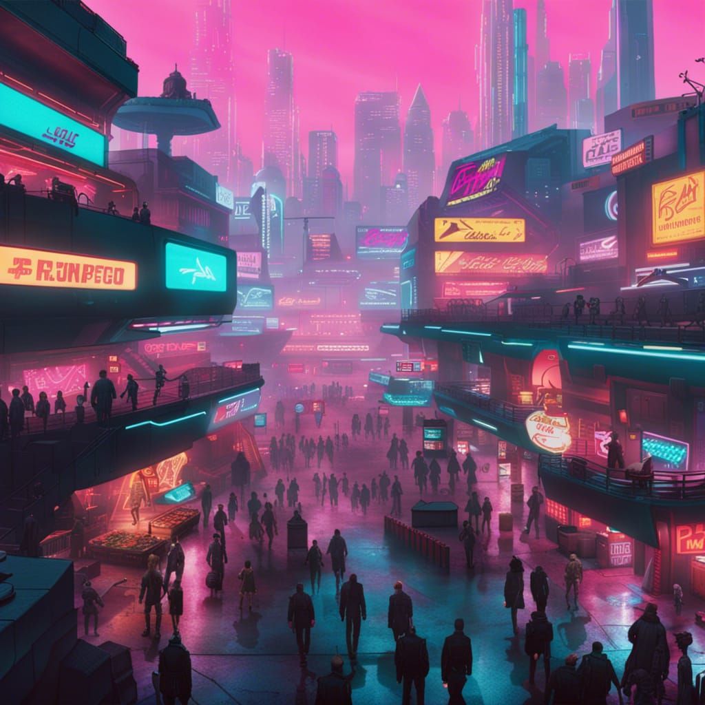 Cyberpunk Marketplace in Dystopian Neon City