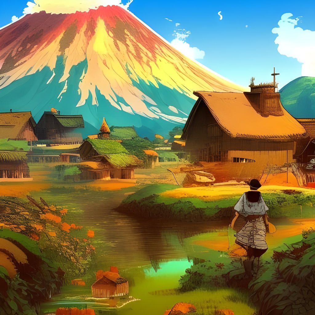 Erupting Volcano Over Farm Village in Anime Style