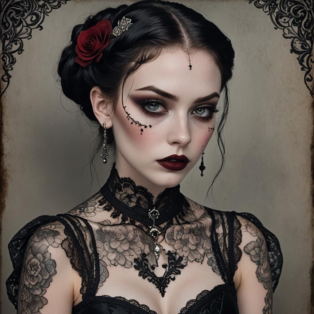 Gothic Teenager in Black Lace Gown, Noir Art