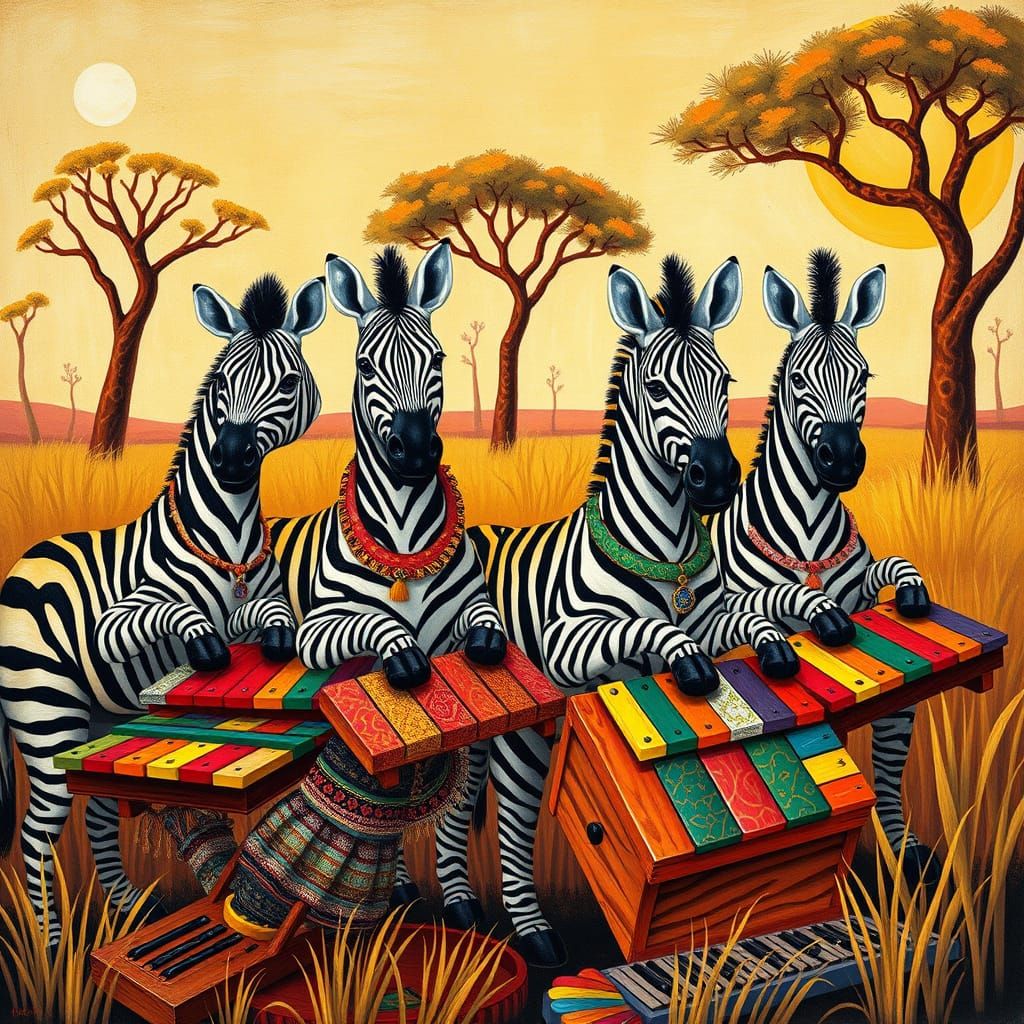 Whimsical Zebra Xylophonists in Folk-Art Style