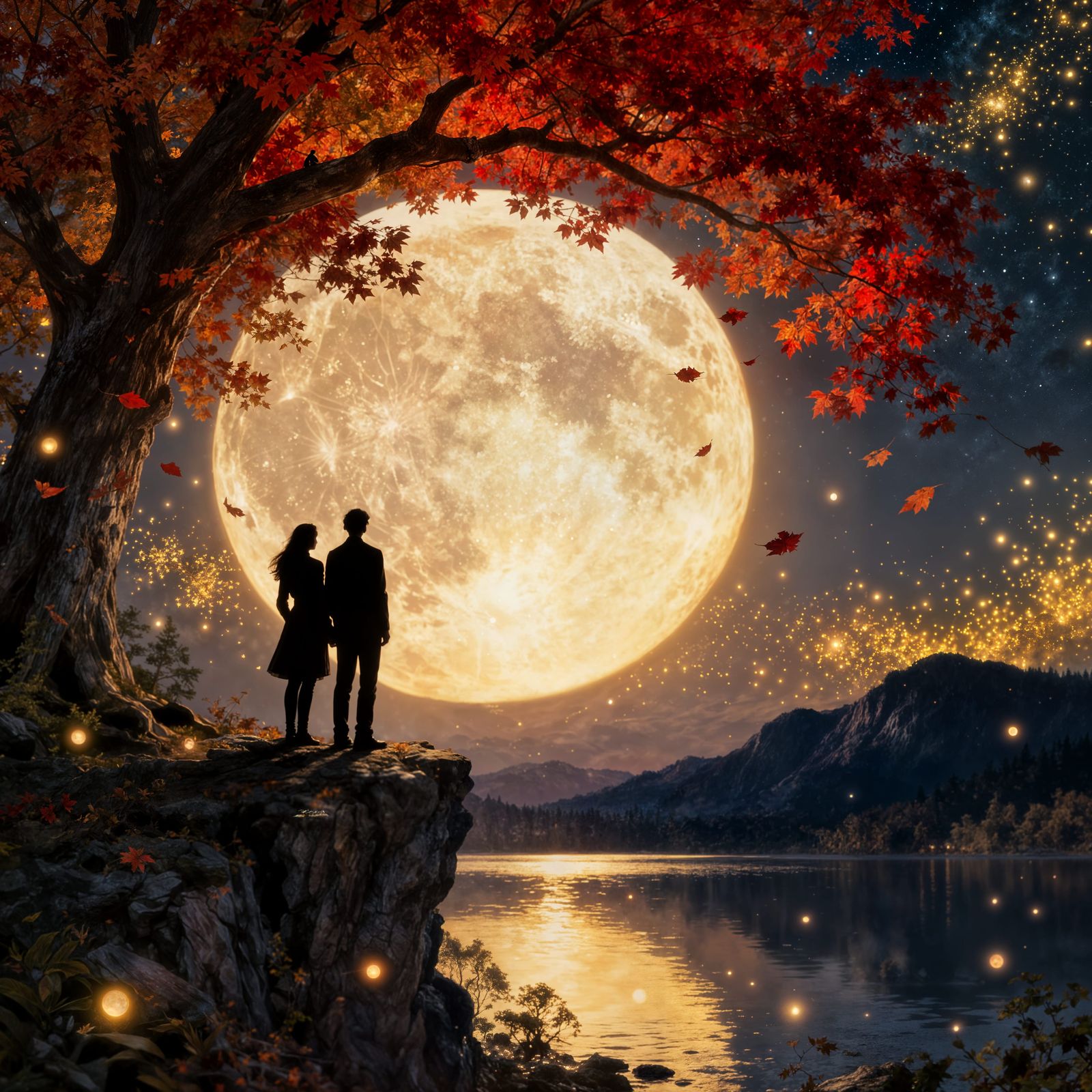 Romantic Silhouettes Under Glowing Moon and Autumn Tree