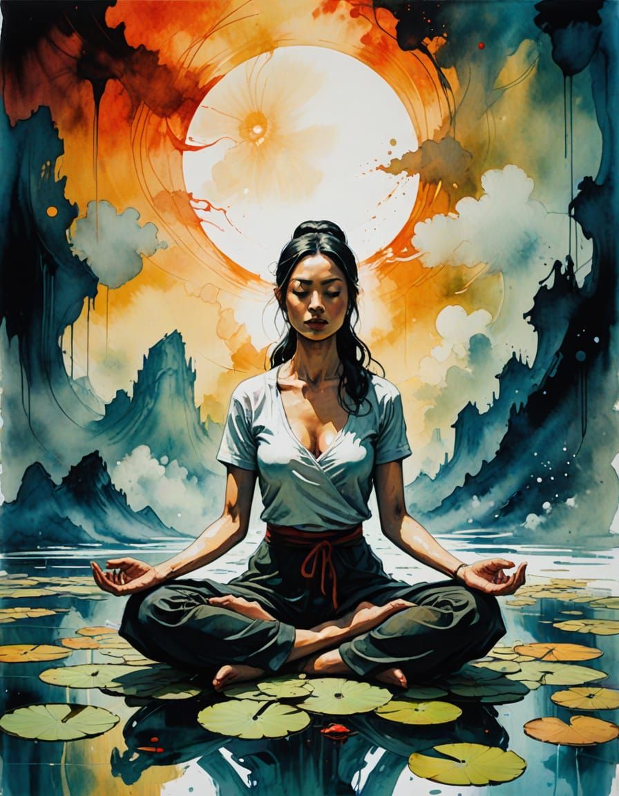 Zen Master Meditates in Surreal Watercolor Comic Style