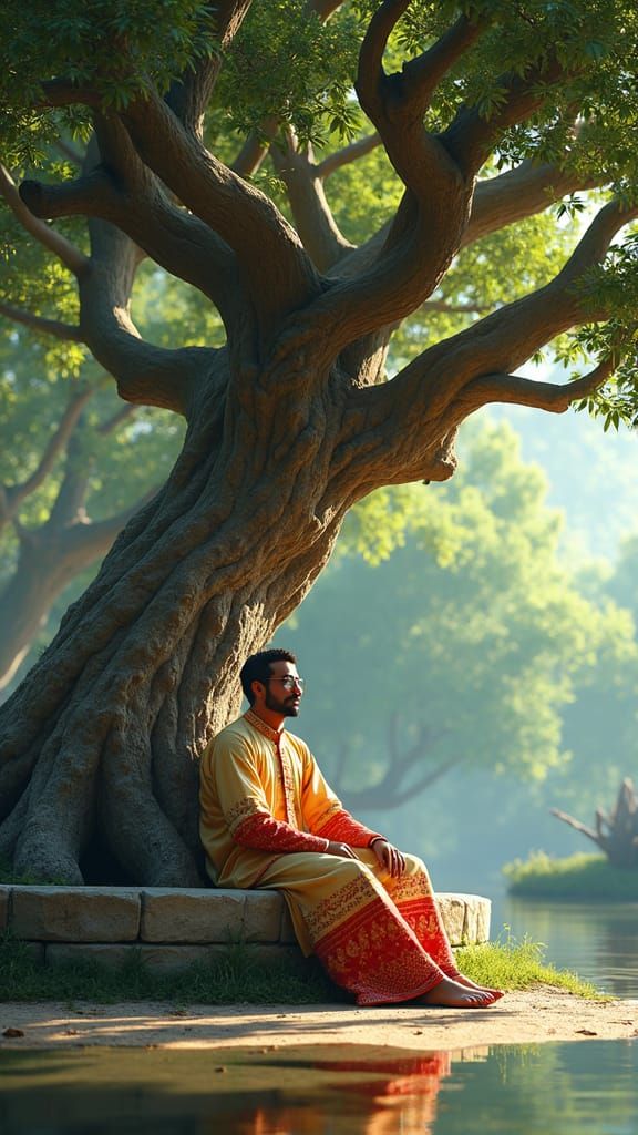 Man in Pakistani Dress Under Tree: 3D Pixar Style