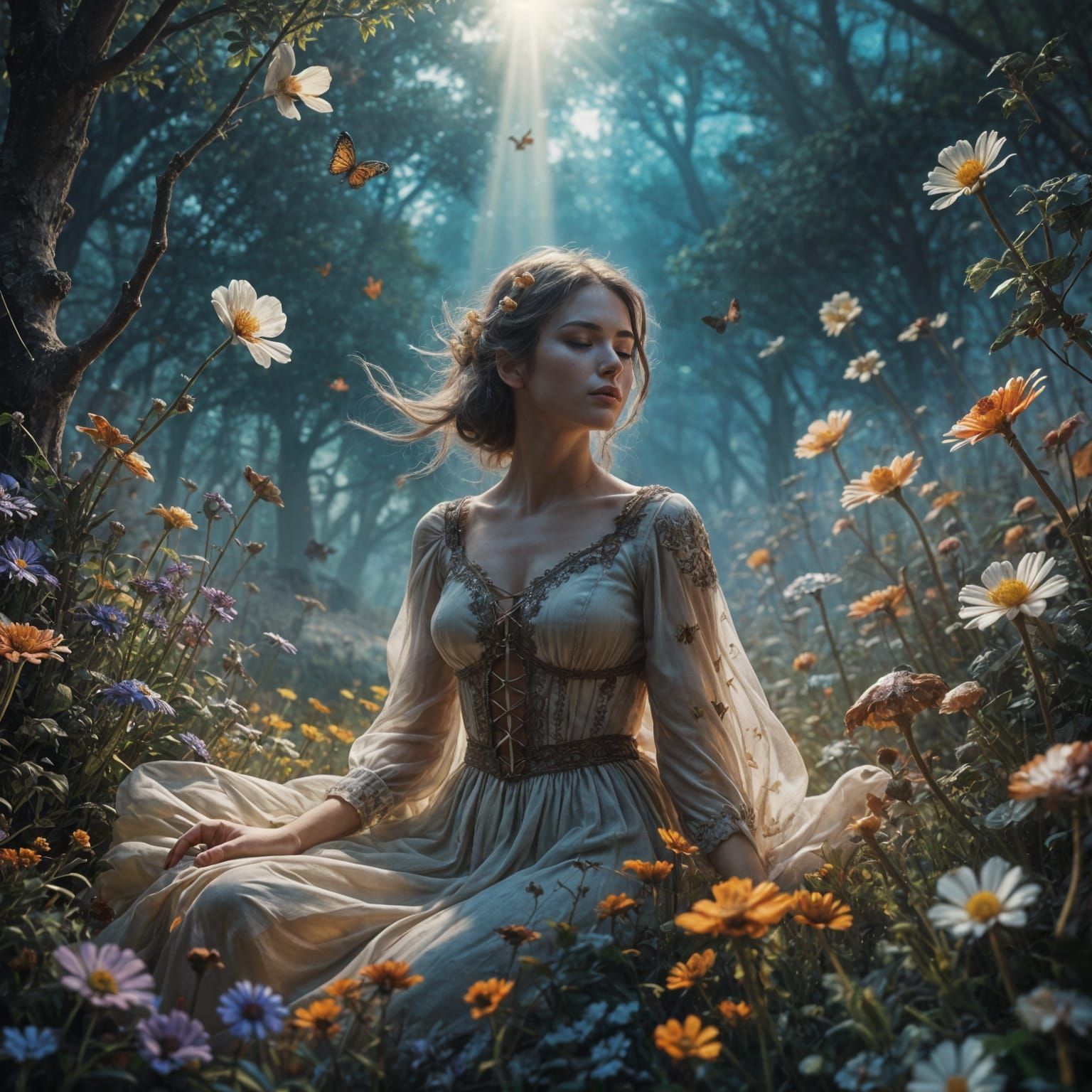 Peaceful Girl in Vibrant Floral Field