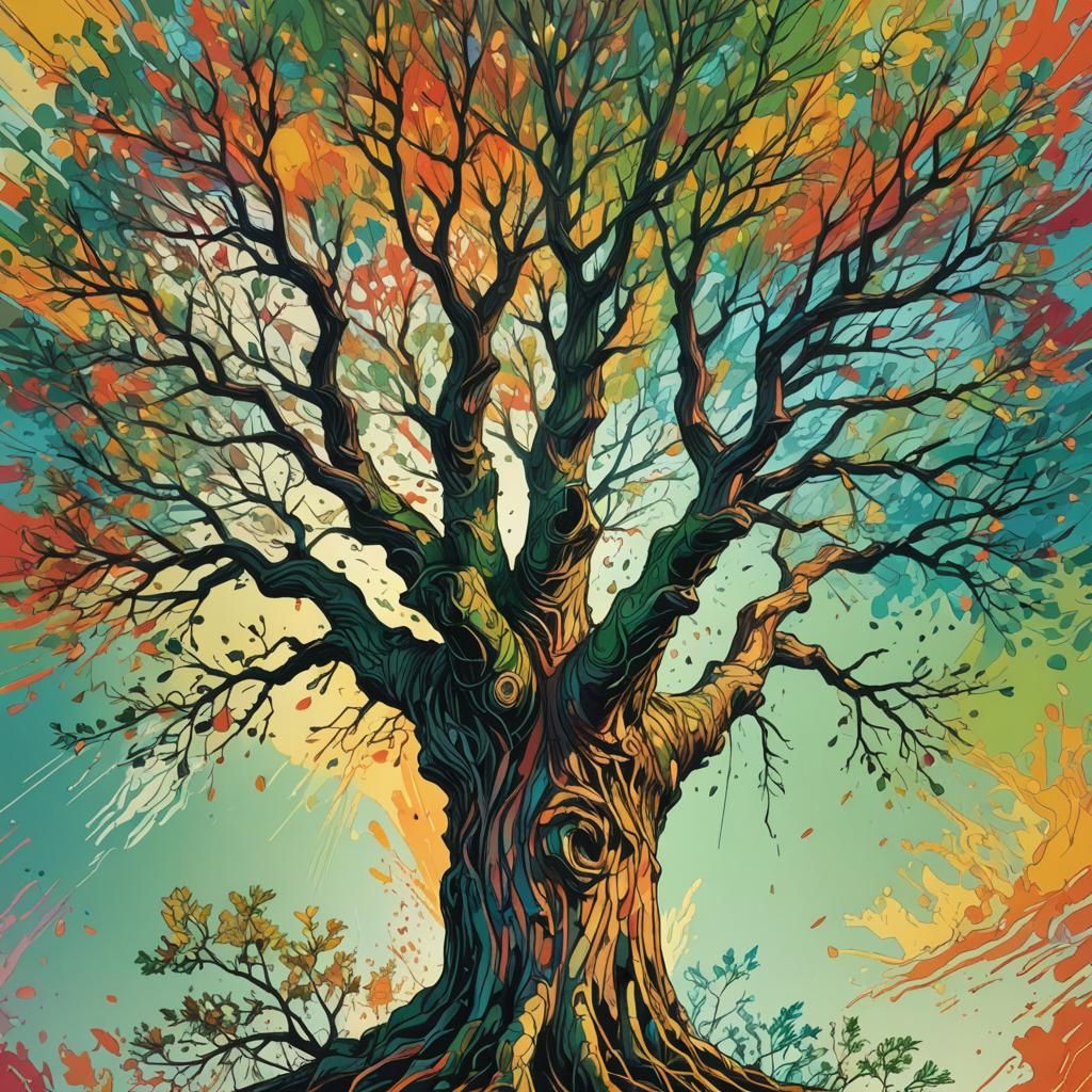 Hyperrealistic Tree Drawing with Colorful Background