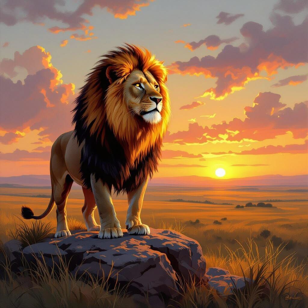 Lion with Fiery Mane in Classic Oil Painting Style