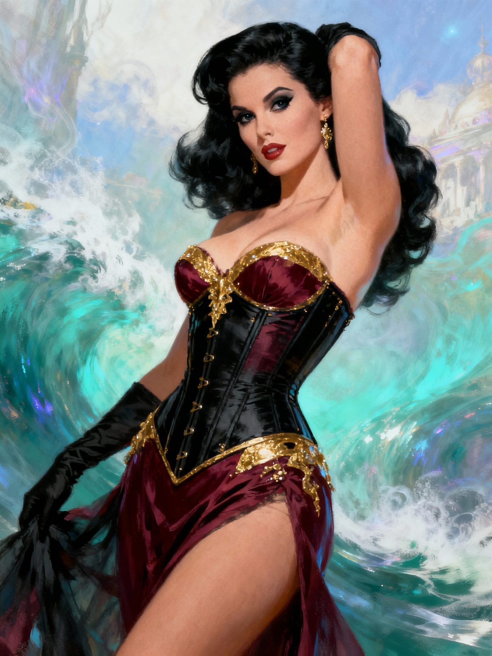 Glamorous Woman in Burgundy and Gold Corset Costume