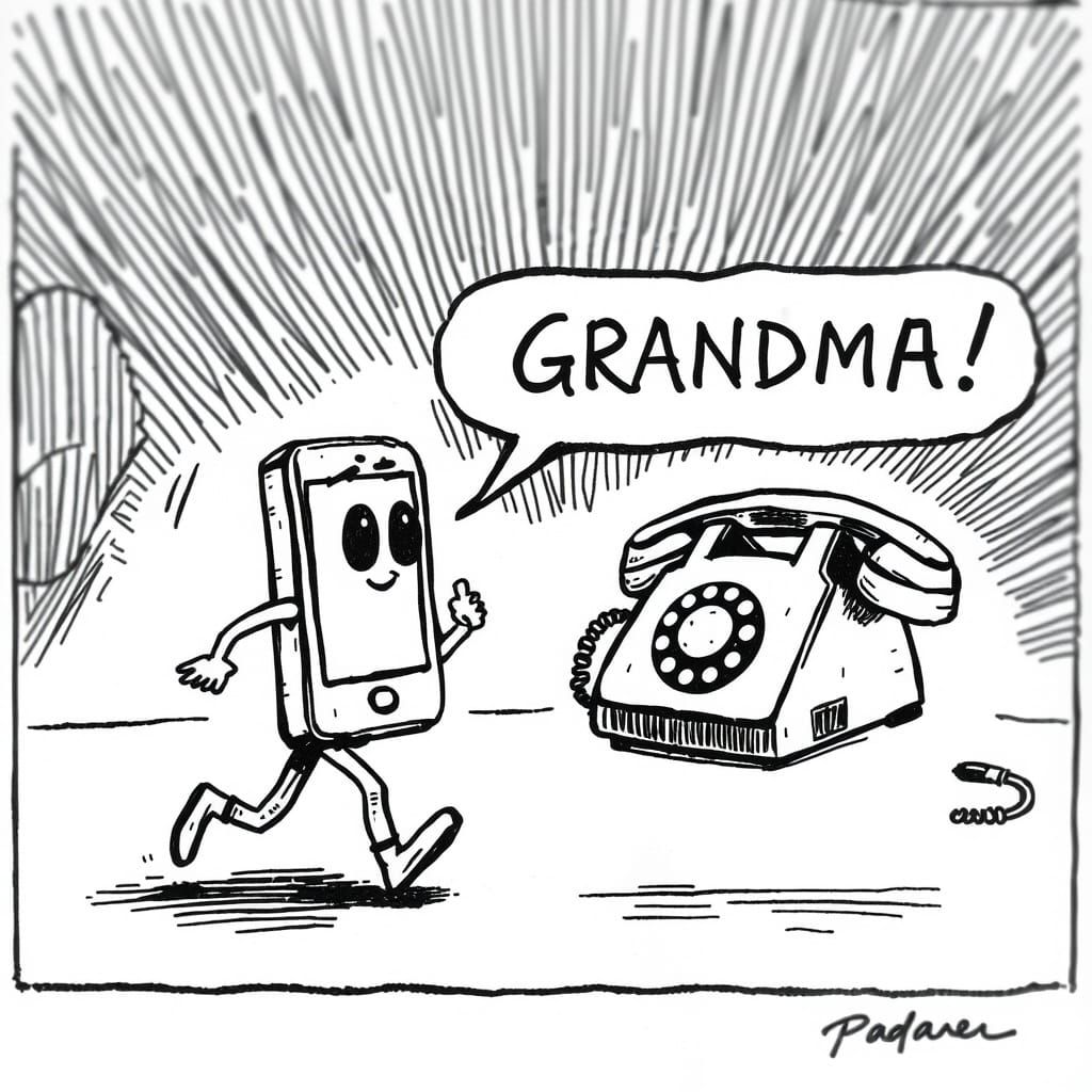Comic Style: Cell Phone Child Visits Rotary Phone Grandma