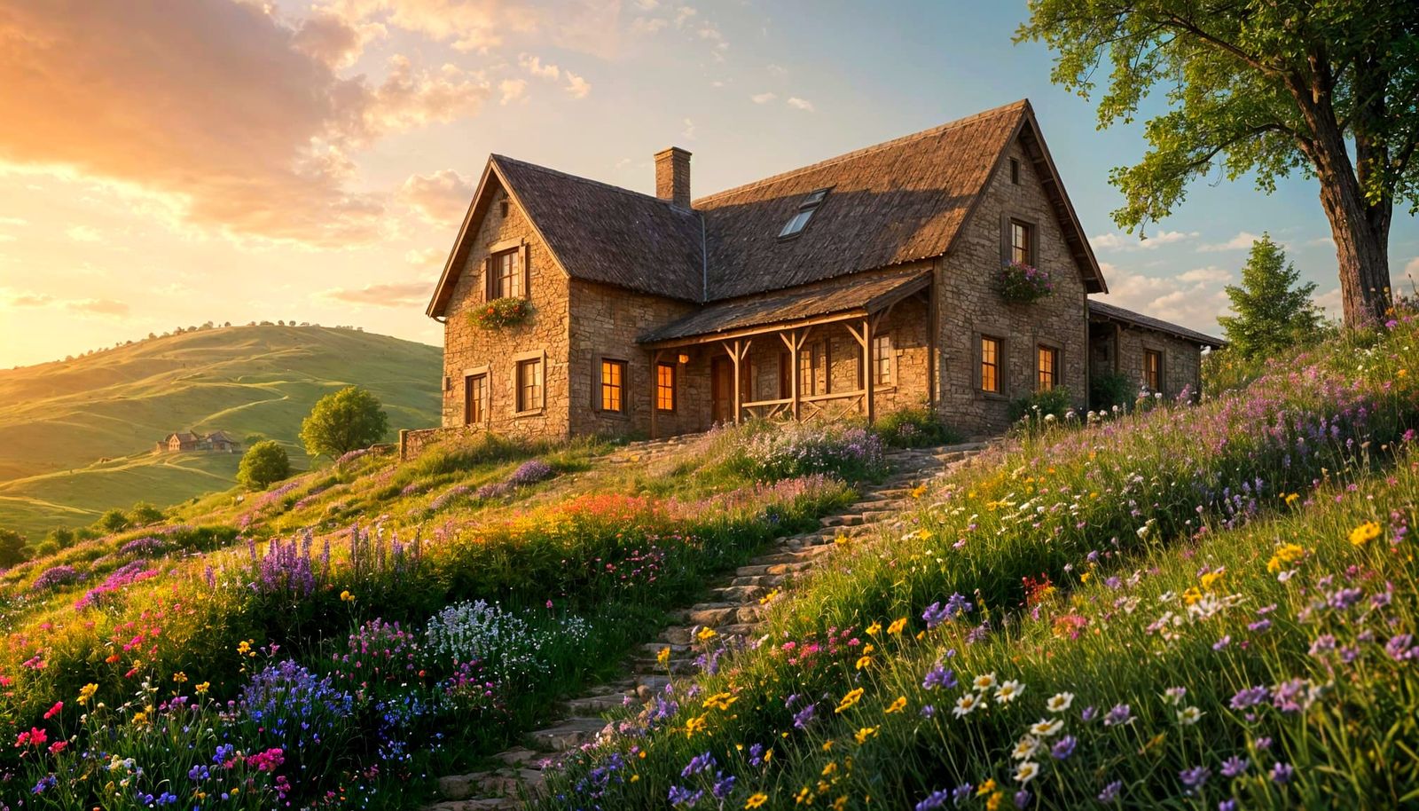 Charming Stone Farmhouse on Hillside in Digital Matte Painti...
