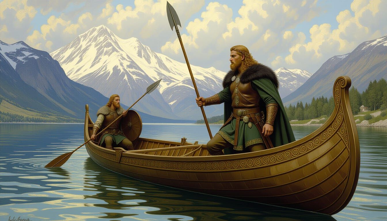 Viking Prince Leading War Canoe Across Lake in Neo-Baroque S...