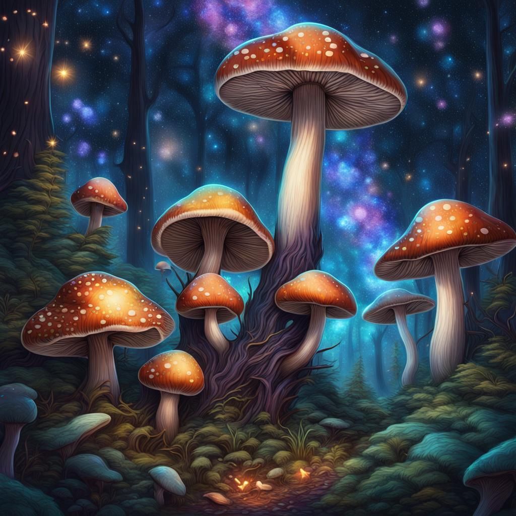 Luminous Mushrooms in Dark Forest, Astral Illustration
