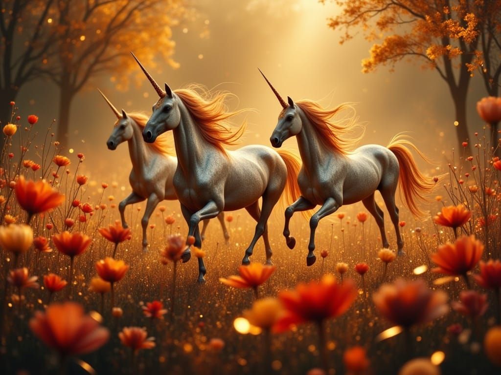 Unicorn Herd Among Glowing Autumn Flowers