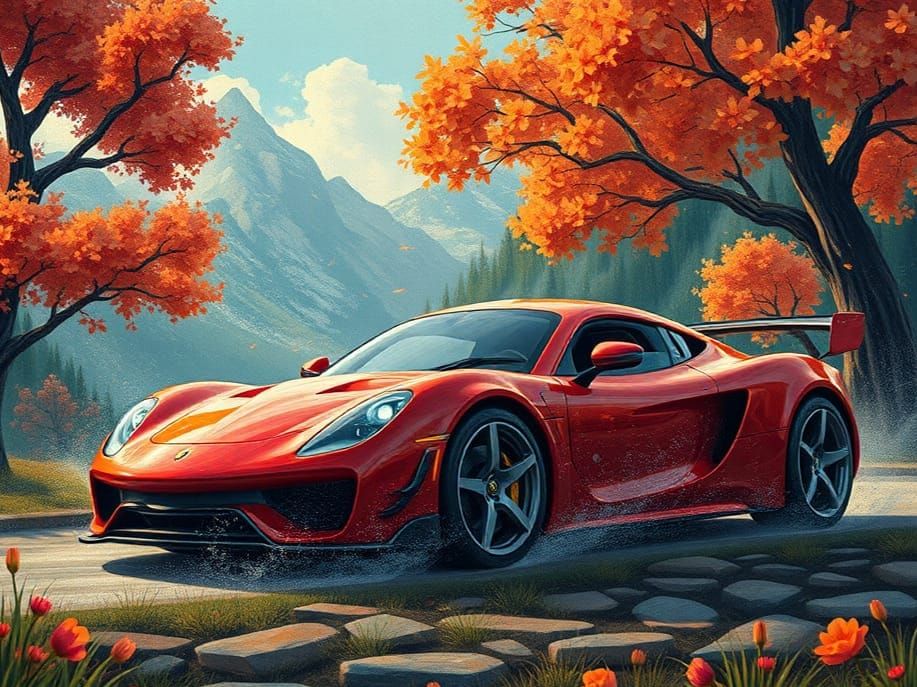 Red Sports Car in Fantasy World, Naive Art