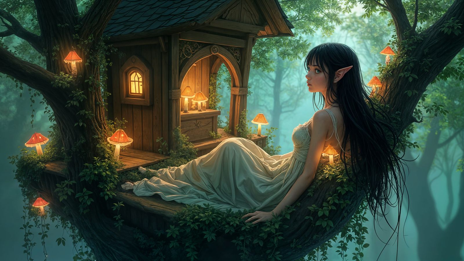 Whimsical Anime Elf Maiden in Enchanted Treehouse